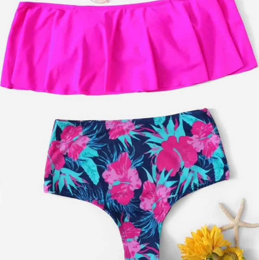 Floral bandeau high waisted bikini swimsuit